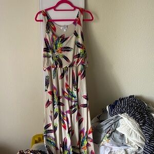 Multicolor Feather Print Maxi Dress